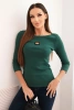Women's ribbed blouse with 3/4 sleeves and decorative patch dark green