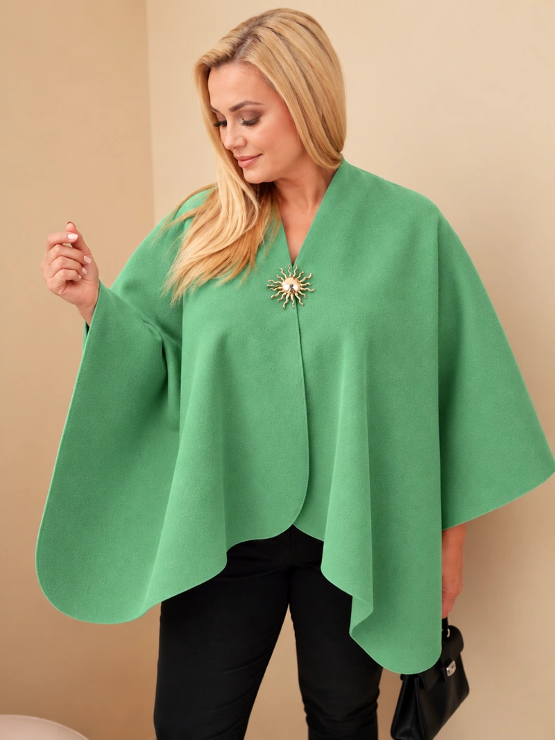 Damenponcho Übergröße mit Brosche grün