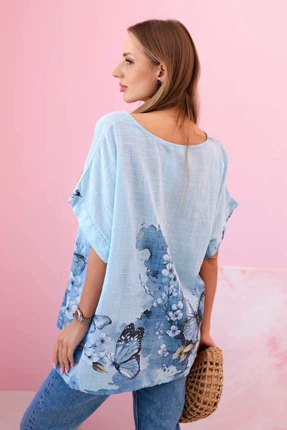 Women's cotton shirt with butterflies and flowers blue