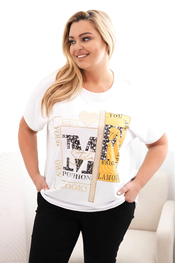 Women's cotton Plus Size blouse with print and sequins white + orange