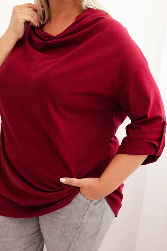 Damenbluse Plus Size aus Baumwolle mit lockerem Schnitt und Wasserfallausschnitt bordeaux