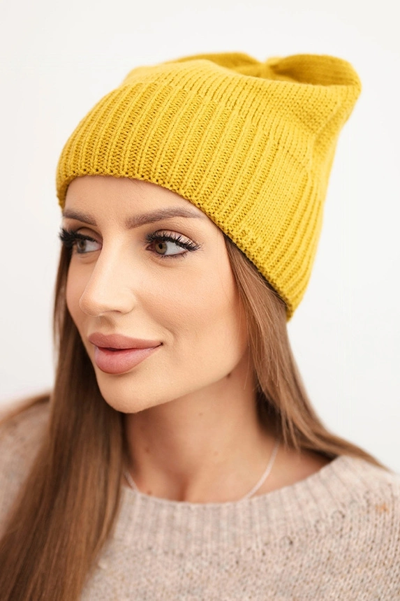 Women's winter hat made of wool with a classic ribbed knit K444 mustard