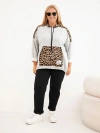 Damen Plus-Size-Viskose-Kapuzensweatshirt mit Panther-Print-Einsätzen grau