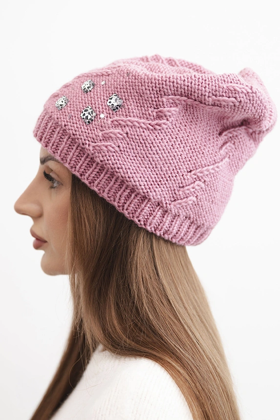 Women's winter wool hat with decorative appliqués K468 dark pink