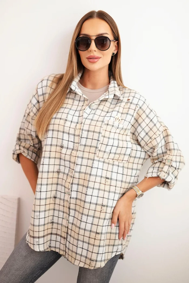 Koszula damska bawełniana w kratę z efektem przetarć beżowa