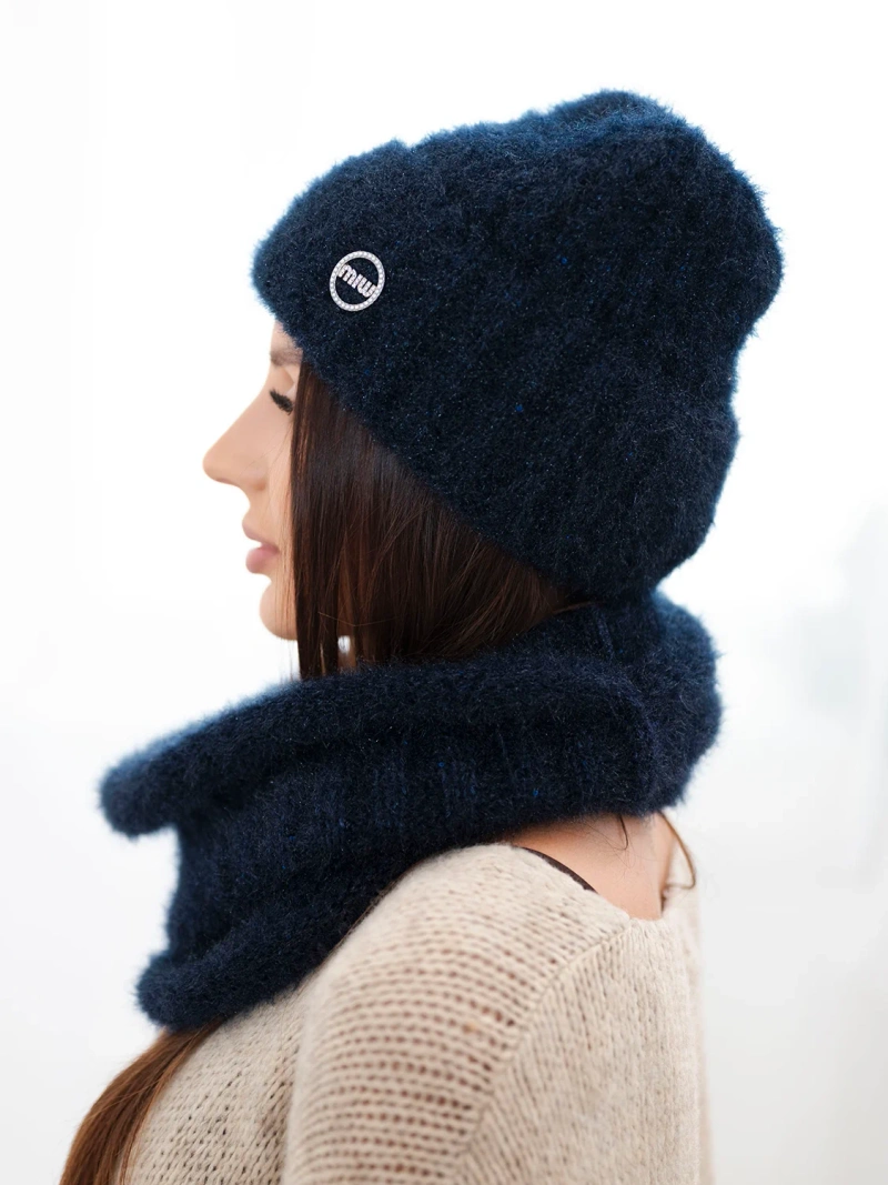 A set women's hat and snood made of knitwear navy blue