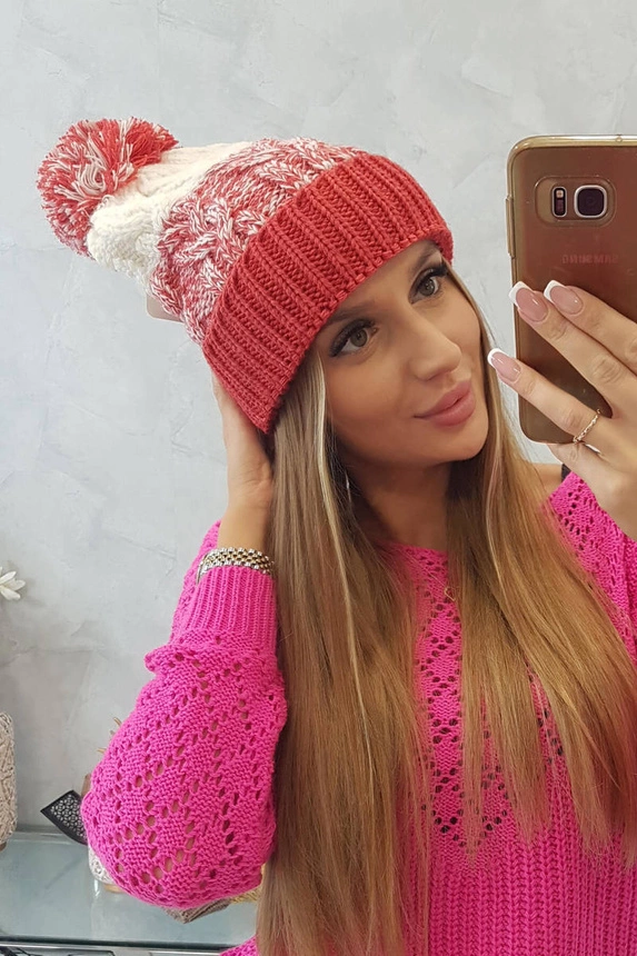 Dámská čepice s bambulí Abigail K326 raspberry+ecru