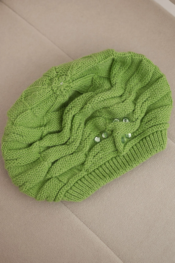 Women's winter hat with decorative braid and crystals K398 pistachio