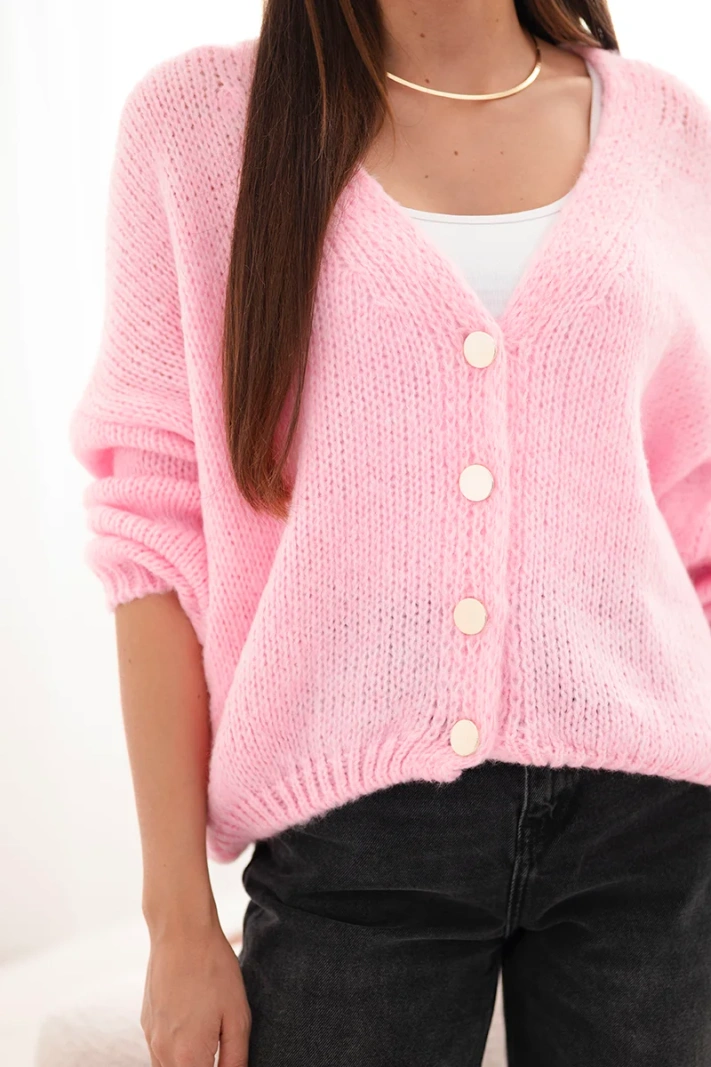 Damenpullover mit V-Ausschnitt und Knöpfen Zuckerrosa