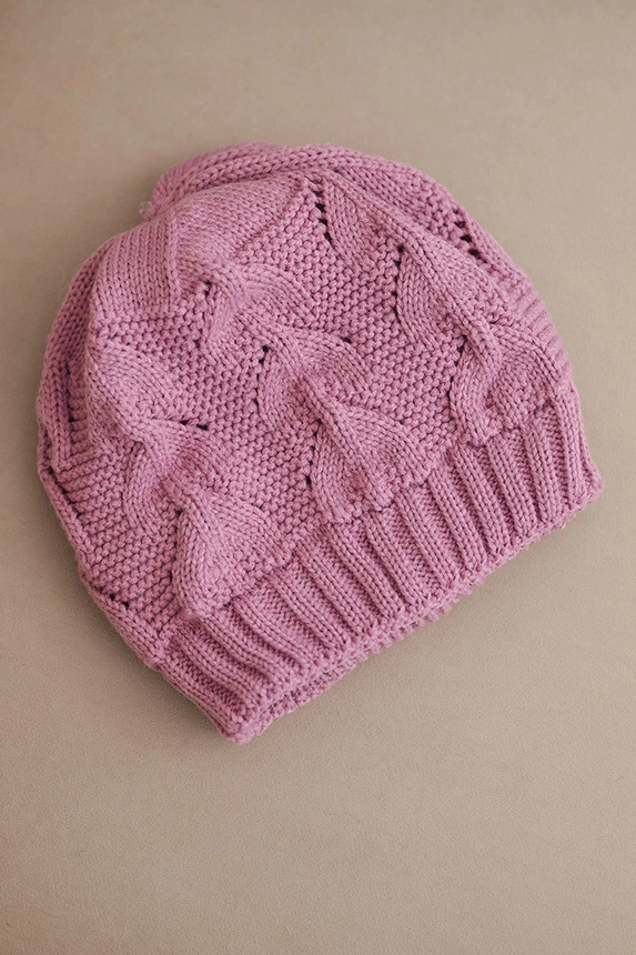 Women's winter wool hat with lace pattern K427 dark pink