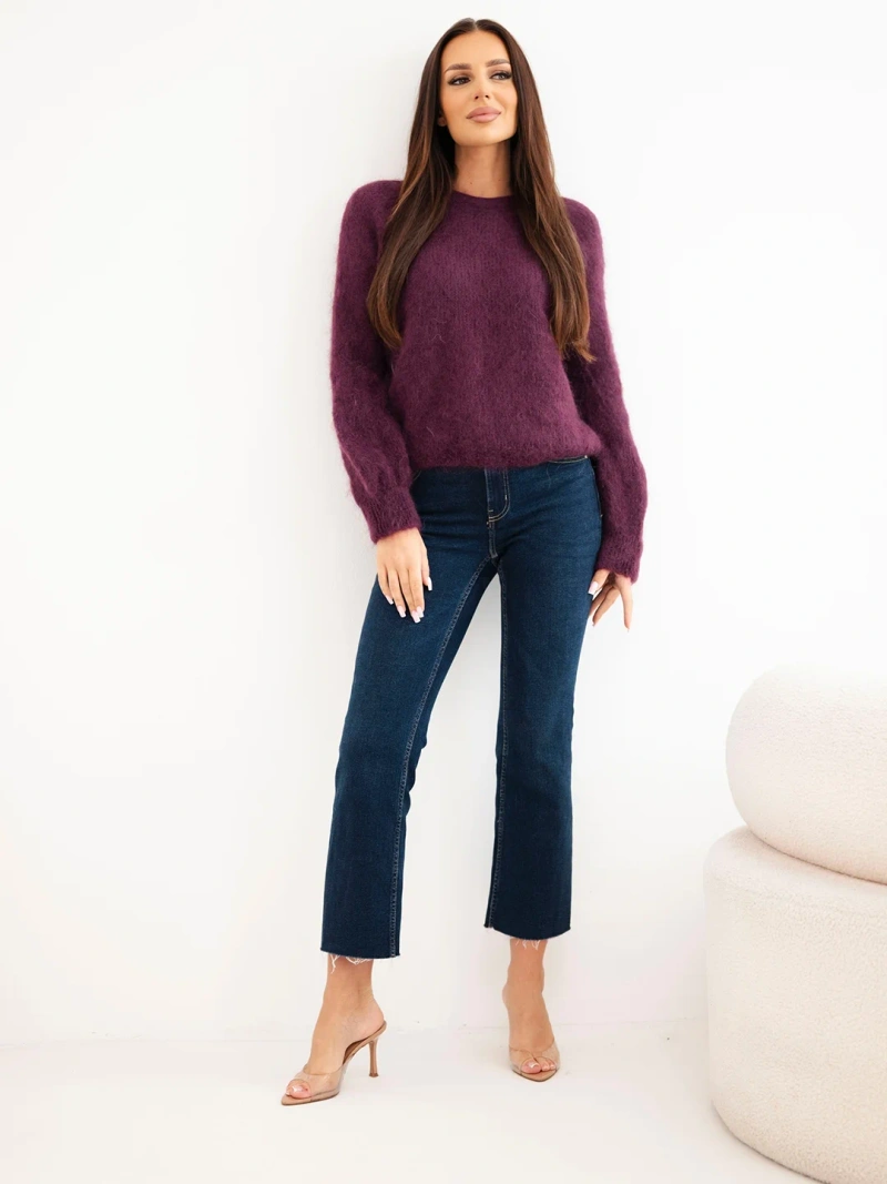 Damenpullover aus 80% Kid-Mohair mit langen Ärmeln und rundem Ausschnitt Pflaume