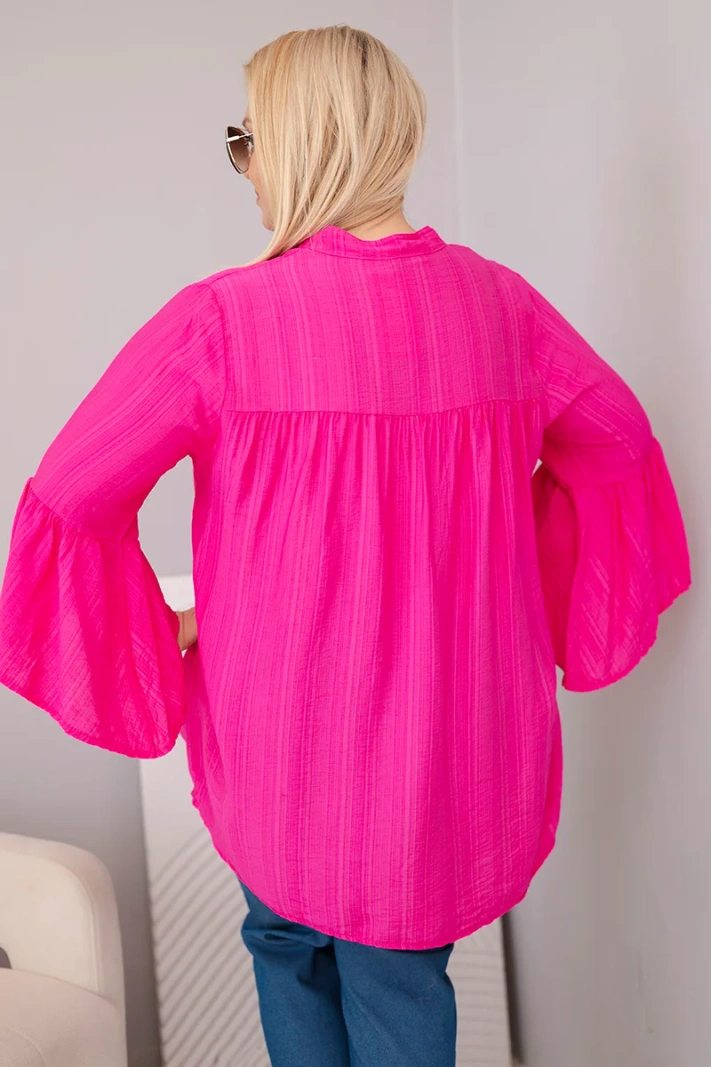 Women's plus-size viscose blouse with flounced sleeves and a V-neck fuchsia