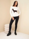 Women's sweater with dachshund pattern and round neckline light beige
