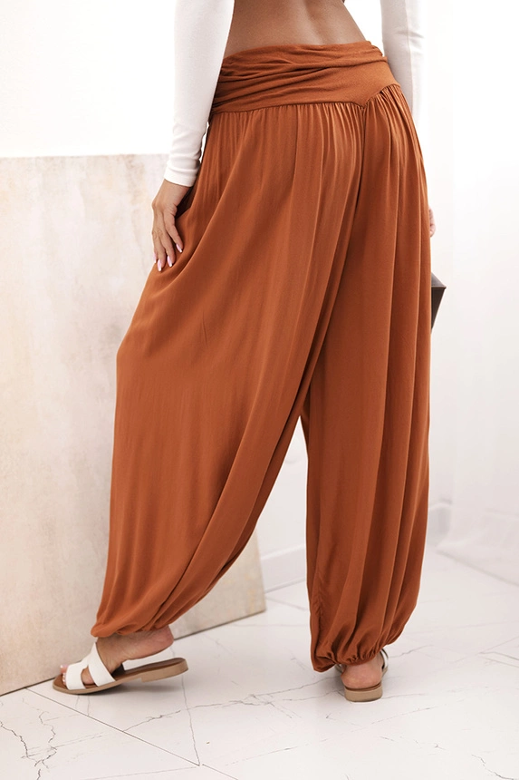 Women's viscose trousers with wide leg and ruffles ginger