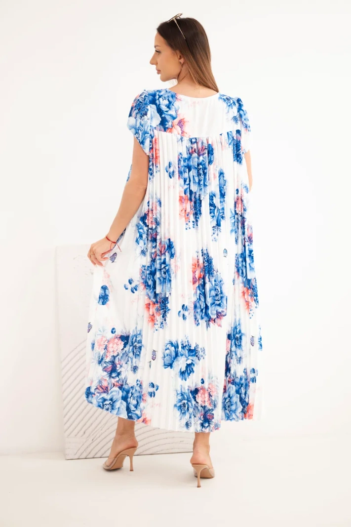 Women’s viscose floral dress with short sleeves and pockets cornflower blue + apricot