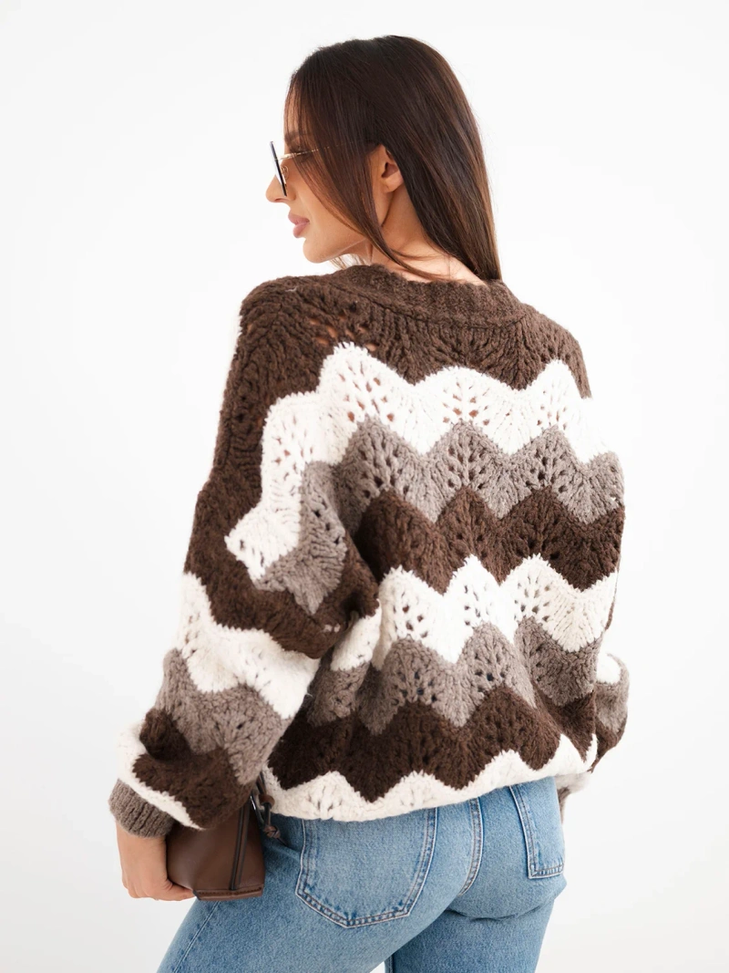 Women's openwork striped sweater buttoned brown + fango