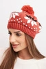 Damenwintermütze aus Wolle mit Schneeflockenmuster und Pompom K457 rot