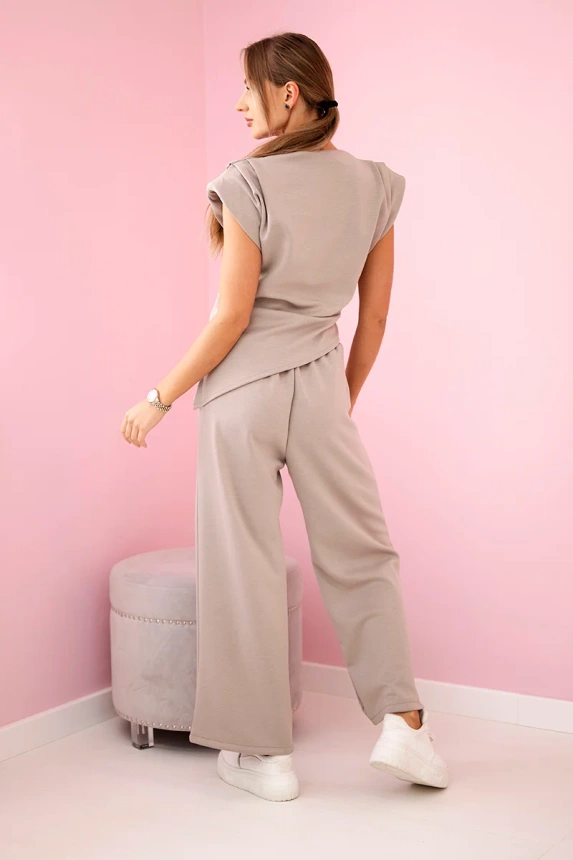 Set asymmetrical blouse + pants dark beige