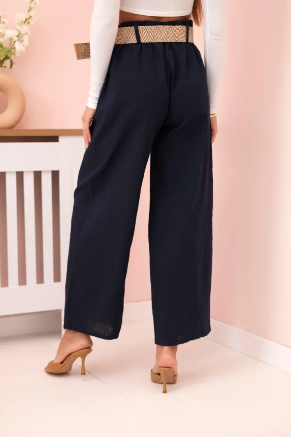 Women's linen trousers with wide legs and a belt navy blue