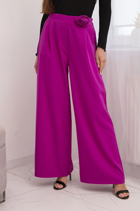 Women's elegant wide-leg pants with decorative flower dark purple