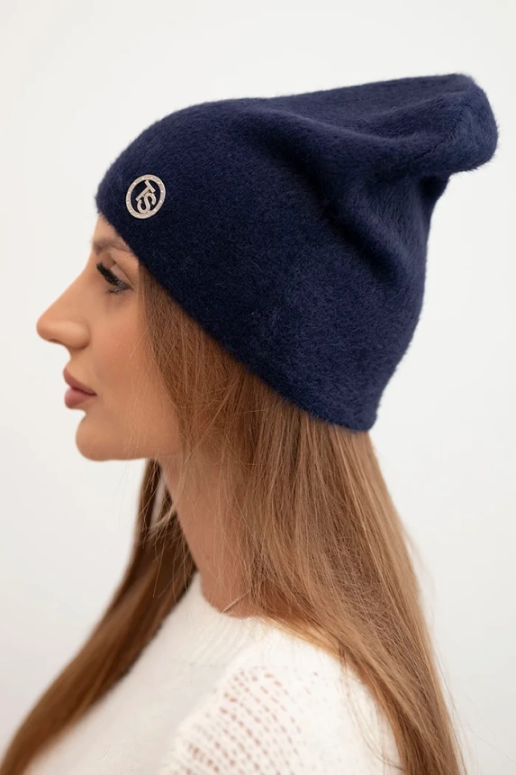 Classic women's alpaca hat with decorative plate navy