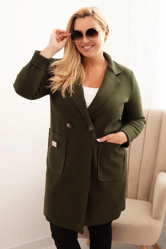 Płaszcz damski elegancki Plus Size z kołnierzem i dużymi kieszeniami khaki
