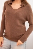Women's sweater made of baby alpaca with a collar and V-neck chocolate