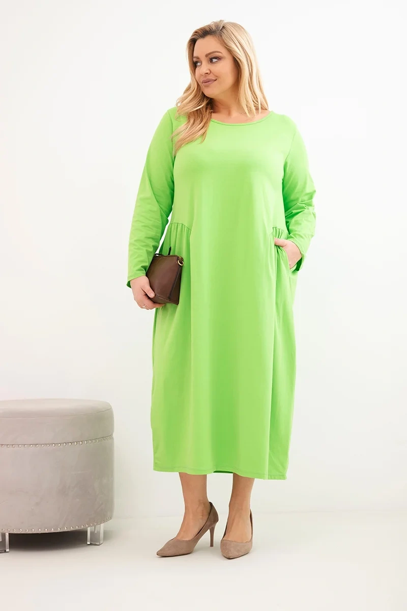 Sukienka damska Plus Size bawełniana z długim rękawem i marszczeniem w talii jasno zielona