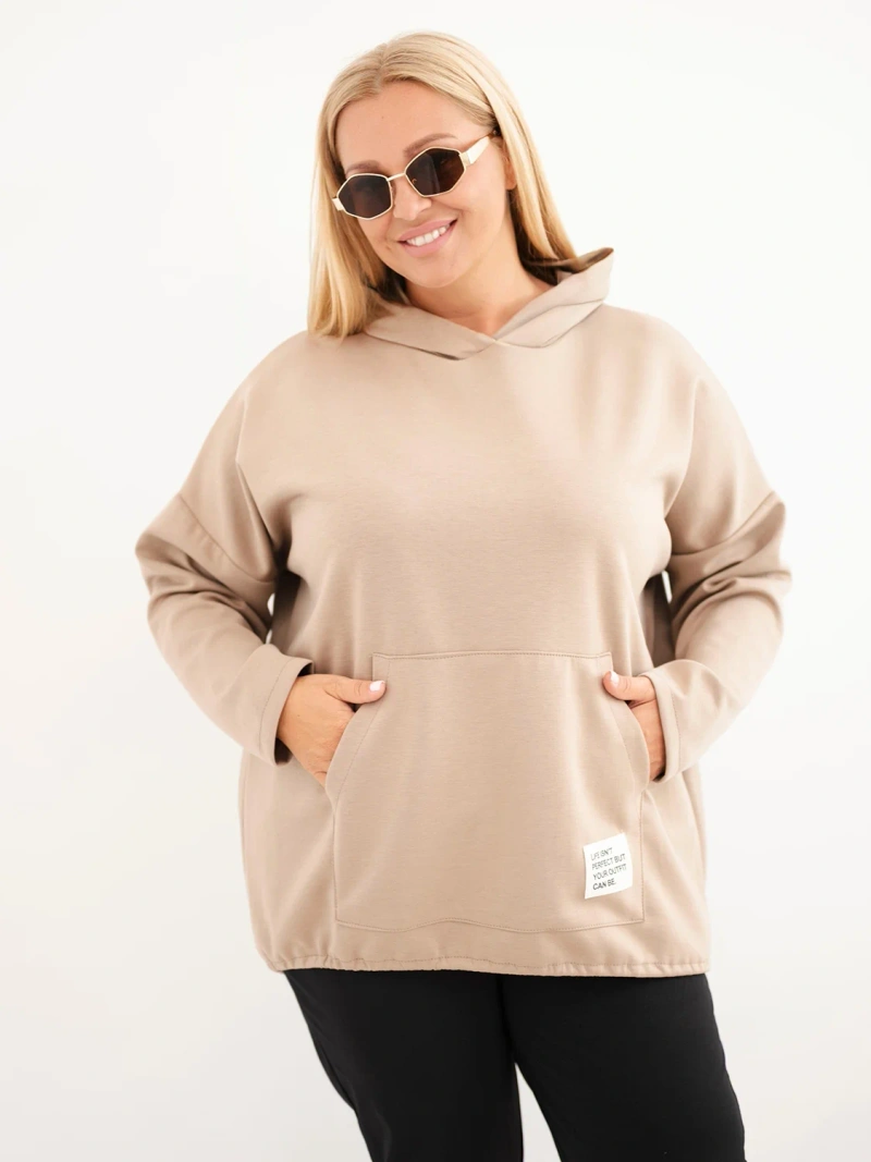 Damen Plus Size Viskose Kapuzenpullover mit Kängurutasche camel