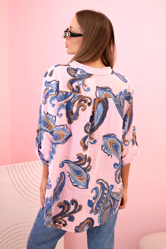 Women's cotton blouse with decorative print and rolled-up sleeves candy pink