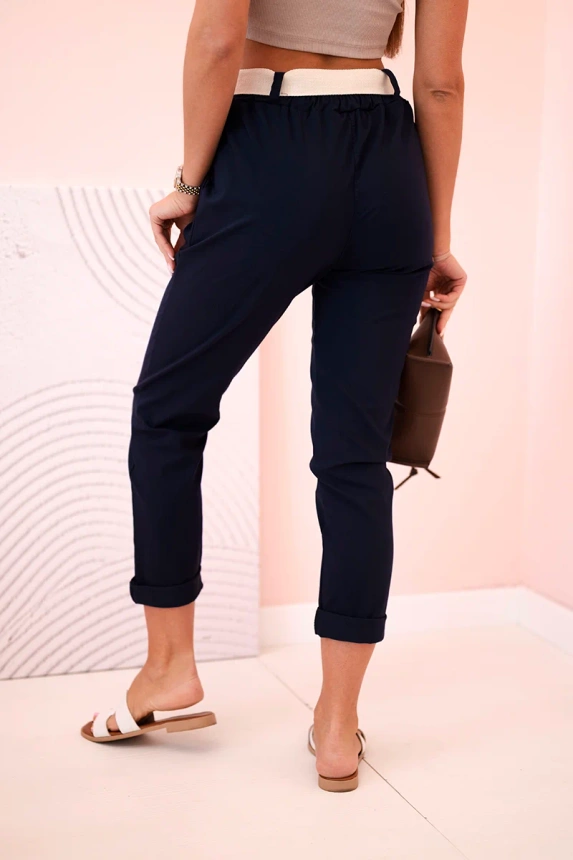 Women's viscose trousers with belt and rolled up leg navy blue