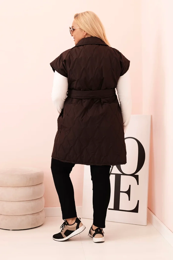 Moteriška Plus Size pamušalinė liemenė su diržu ir apykakle ruda