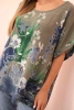 Women's cotton blouse with floral print and short sleeves khaki