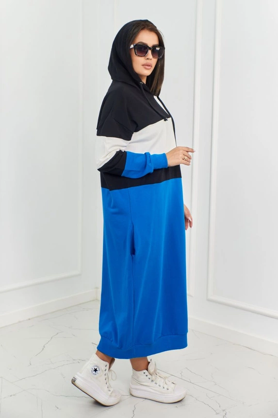 Tricolor dress with hood black + ecru + cornflower
