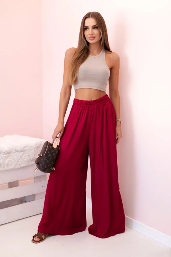 Women's wide viscose trousers with an elastic waistband dark burgundy