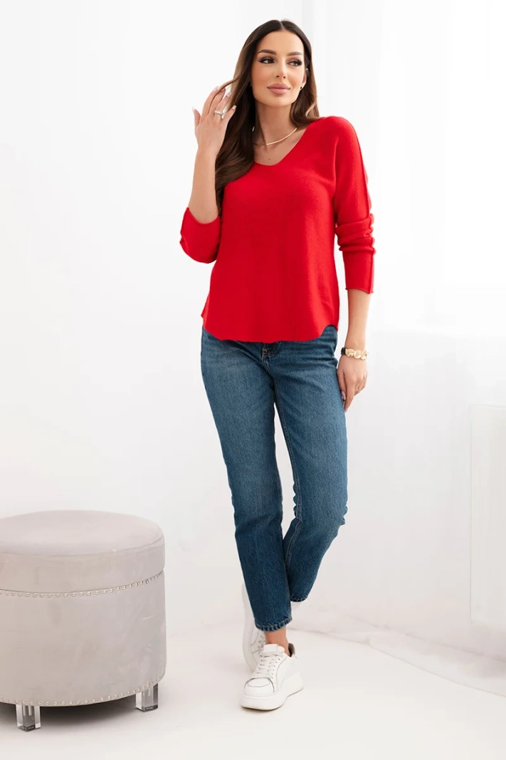 Women's viscose sweater with a V-neck red
