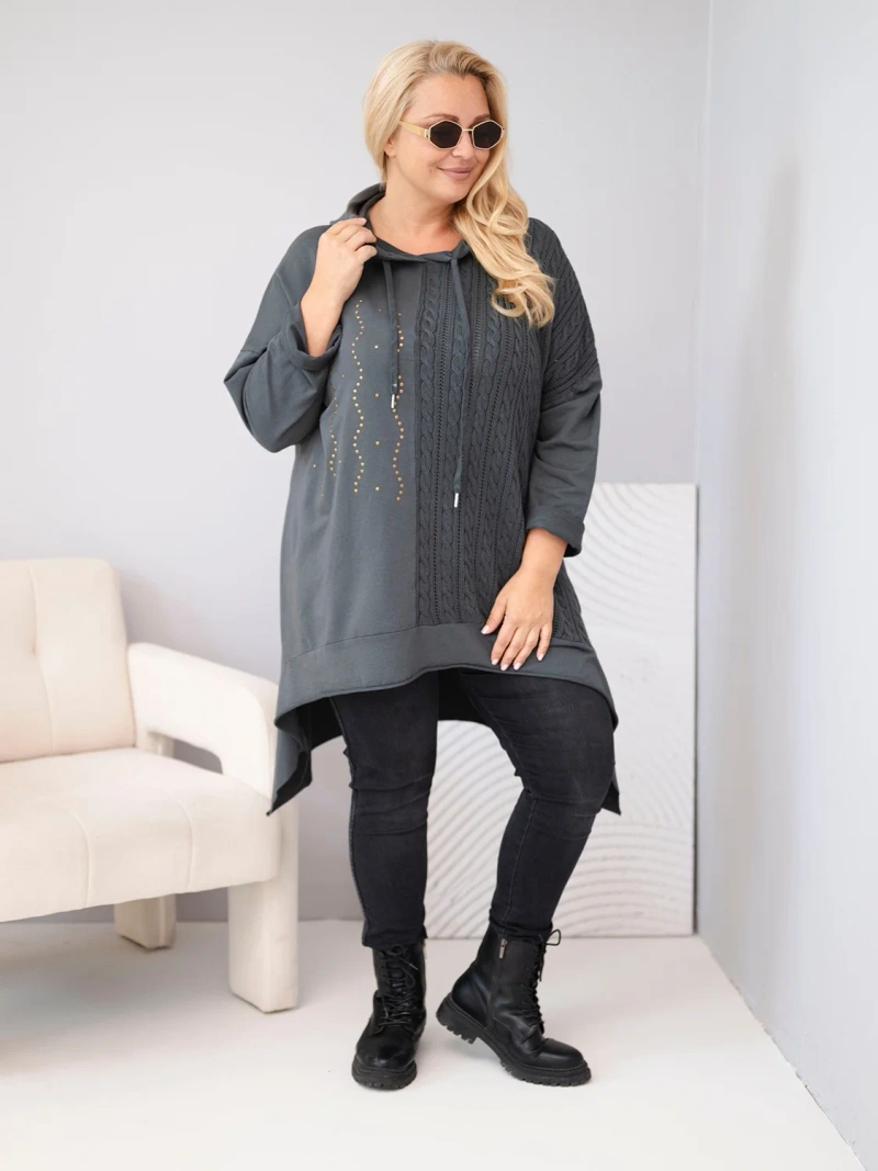 Damen Baumwoll Hoodie Plus Size mit Kapuze und geflochtenem Einsatz graphitfarben