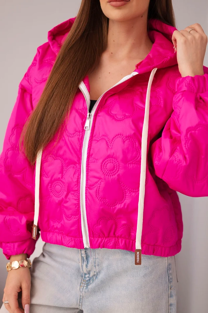 Women's quilted jacket with a hood and decorative floral embossing fuchsia