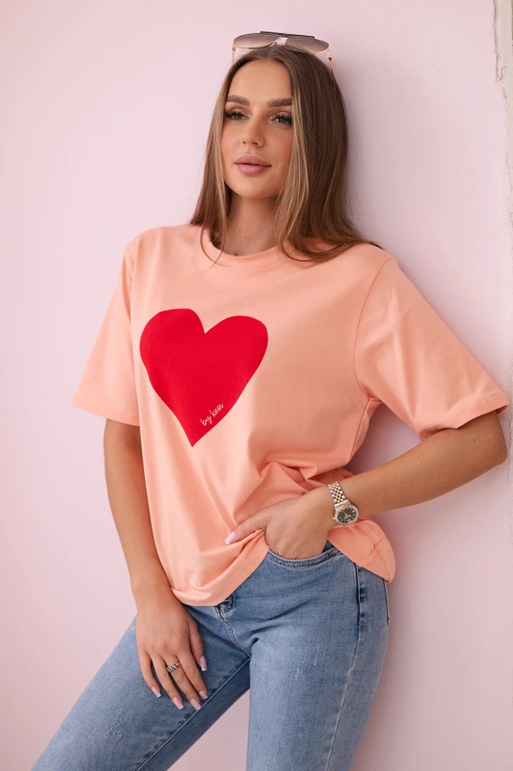 Baumwollbluse mit Herz-Print Lachs