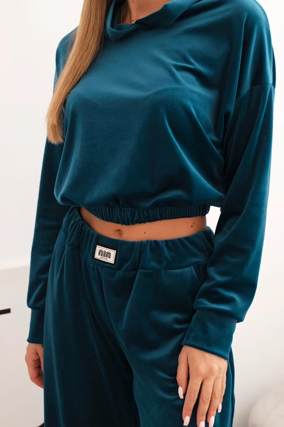 Women's velour tracksuit with wide legs and a hooded sweatshirt teal