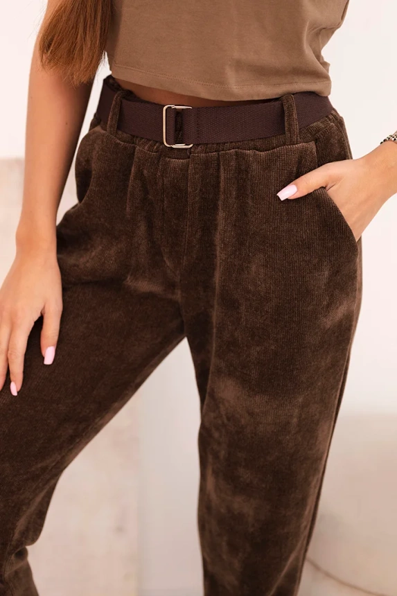 Women's corduroy pants with a belt chocolate