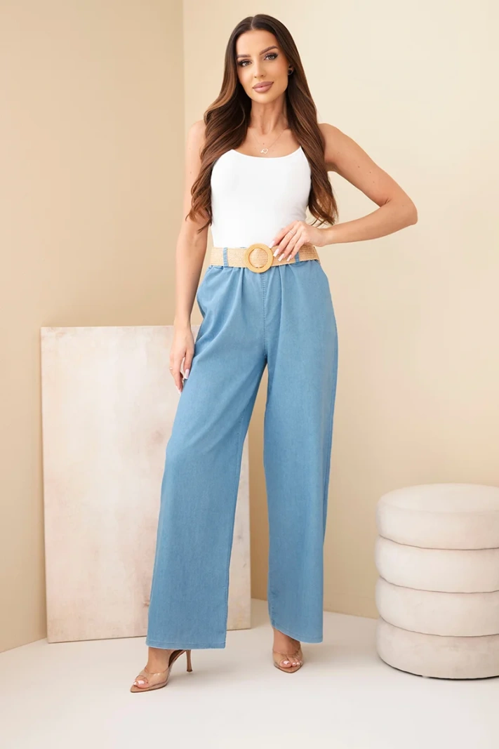 Women's wide-leg trousers with belt light denim