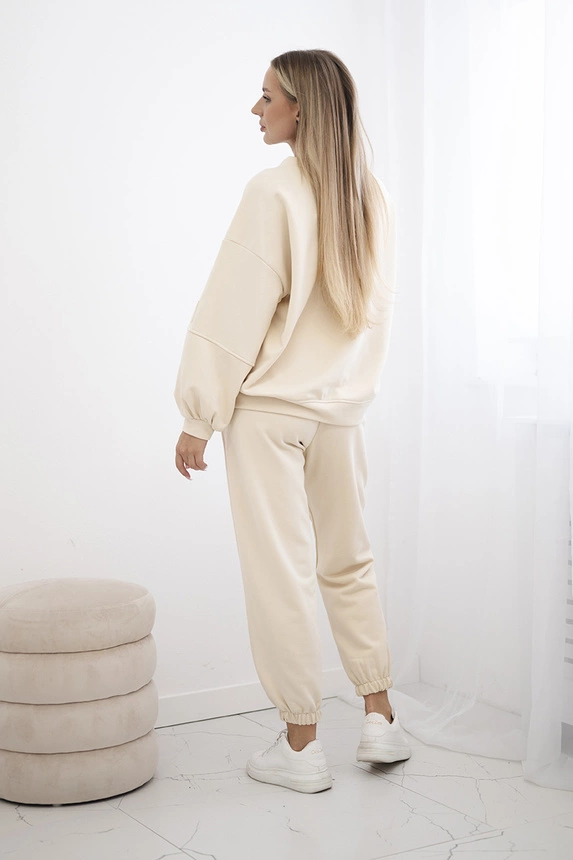 Baumwoll-Sweatshirt-Set mit längerem Rücken + Hosen Hellbeige