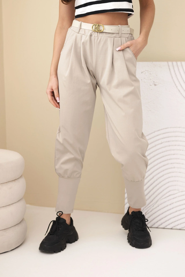 Women's cotton high-waisted pants with a belt dark beige