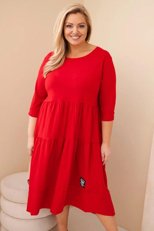Plus Size women's cotton dress with ruffles and rolled-up sleeves red