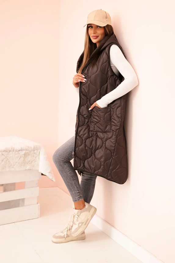 Plus Size women's quilted vest with a hood fastened with a zipper mocha