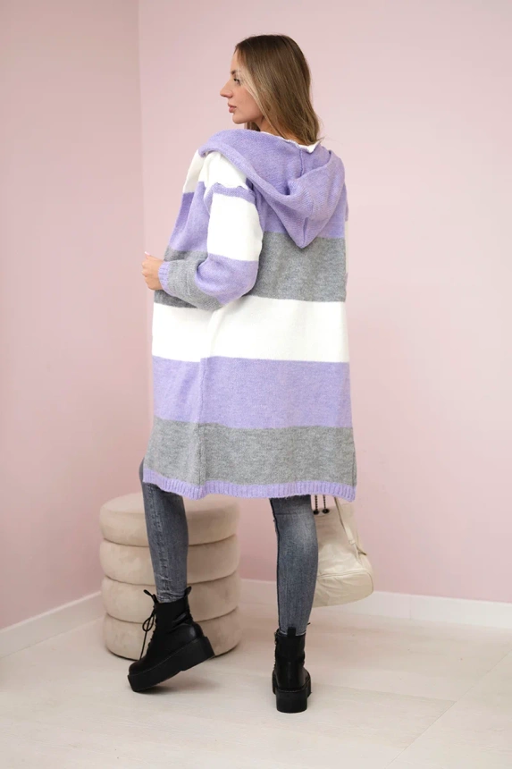 Dreifarbig gestreifter Pullover Ecru+Violett+Grau