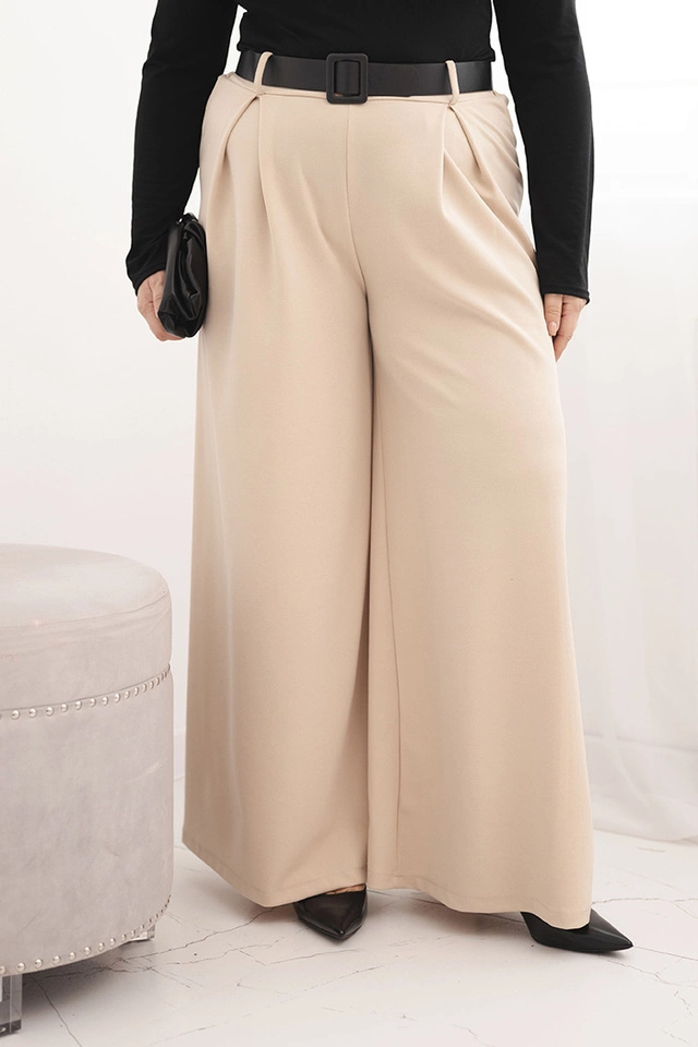 Moteriškos Plus Size kelnės su plačiais šonais ir diržu bežinės