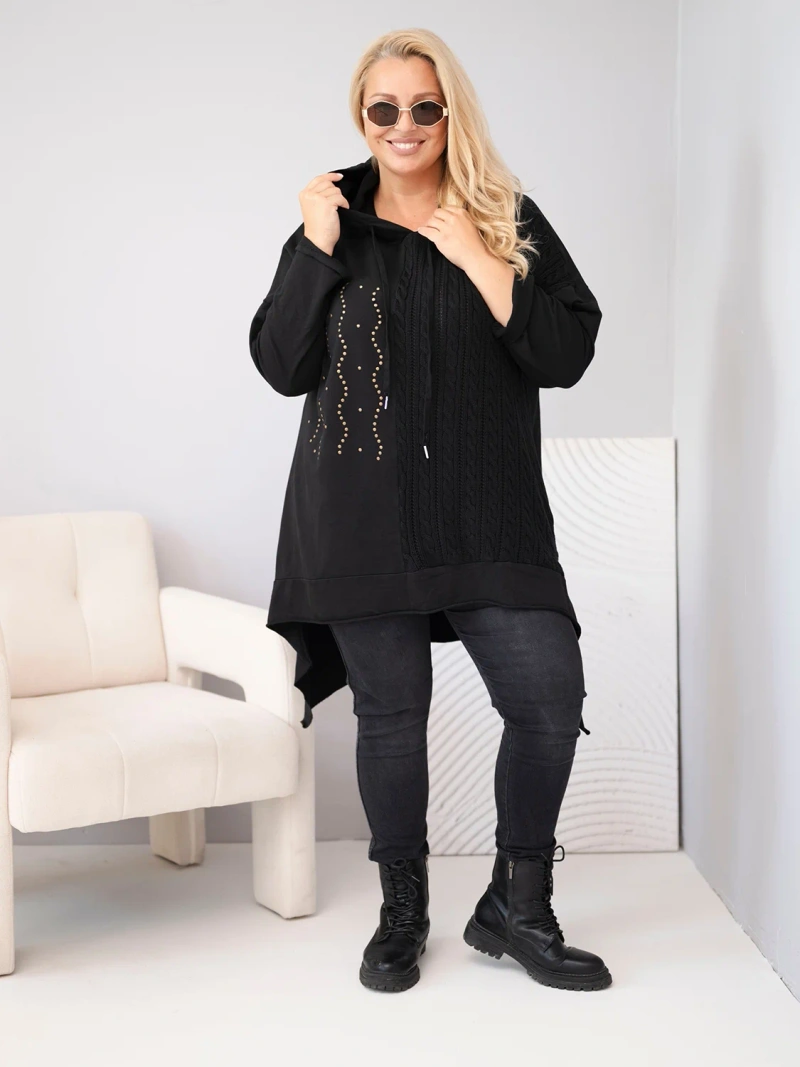 Damen Baumwoll Kapuzenpullover Plus Size mit geflochtenem Einsatz schwarz