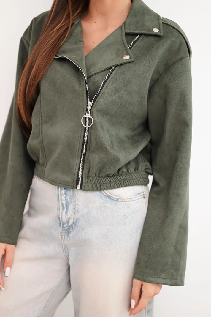 Women's suede viscose jacket with asymmetric zipper khaki